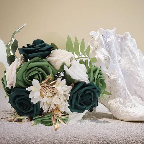 Bridal Bouquets for Bride,Wedding Bouquets Silk Plastic Realistic Romantic Hand Bouquet for Valentine's Day Party Church(Green+White) in Saudi Arabia