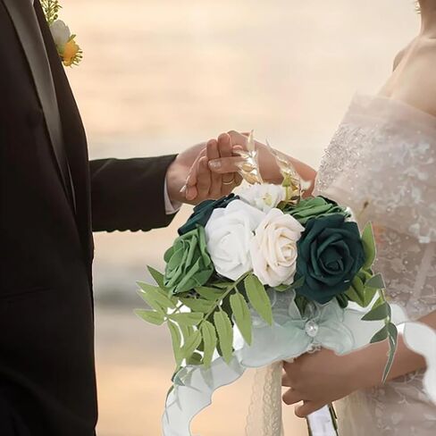 Bridal Bouquets for Bride,Wedding Bouquets Silk Plastic Realistic Romantic Hand Bouquet for Valentine's Day Party Church(Green+White) in Saudi Arabia