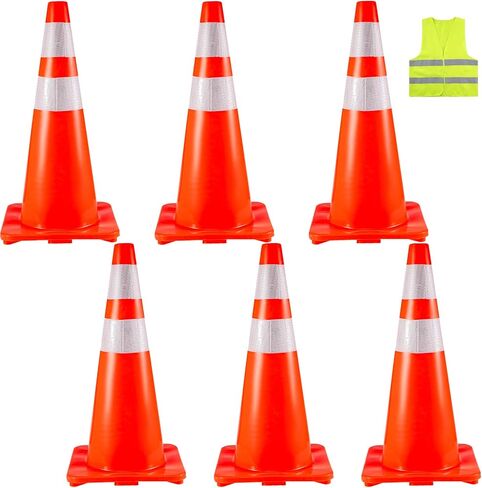 VEVOR Safety Cones, 6 x 36" Traffic Cones, PVC Orange Construction Cones, Reflective Collars Traffic Cones with Weighted Base Used for Traffic Control, Driveway Road Parking and School Improvement in Saudi Arabia