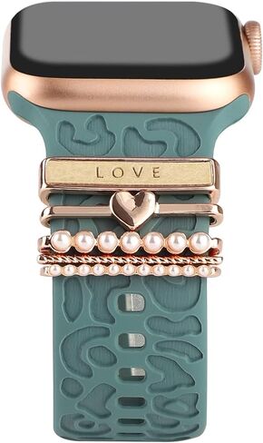 Leopard Engraved Watch Band with Crystal Love Heart Pearls Watch Charms Loop Compatible with Apple Watch Decorative Silicone Watch Straps for iWatch Series 9 8 7 6 5 4 3 2 1 Ultra SE in Kuwait