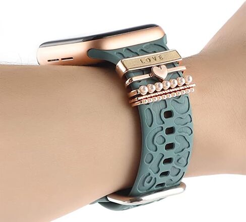 Leopard Engraved Watch Band with Crystal Love Heart Pearls Watch Charms Loop Compatible with Apple Watch Decorative Silicone Watch Straps for iWatch Series 9 8 7 6 5 4 3 2 1 Ultra SE in Kuwait