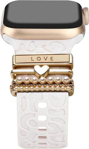 Leopard Engraved Watch Band with Crystal Love Heart Pearls Watch Charms Loop Compatible with Apple Watch Decorative Silicone Watch Straps for iWatch Series 9 8 7 6 5 4 3 2 1 Ultra SE in Kuwait
