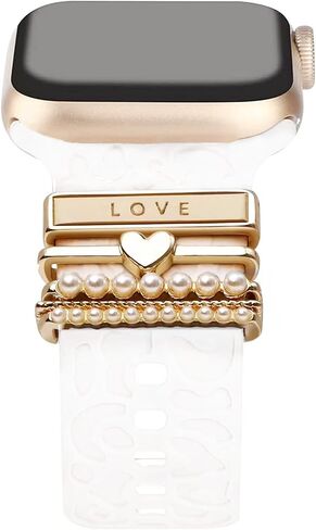 Leopard Engraved Watch Band with Crystal Love Heart Pearls Watch Charms Loop Compatible with Apple Watch Decorative Silicone Watch Straps for iWatch Series 9 8 7 6 5 4 3 2 1 Ultra SE in Kuwait