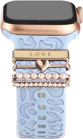 Leopard Engraved Watch Band with Crystal Love Heart Pearls Watch Charms Loop Compatible with Apple Watch Decorative Silicone Watch Straps for iWatch Series 9 8 7 6 5 4 3 2 1 Ultra SE in Kuwait