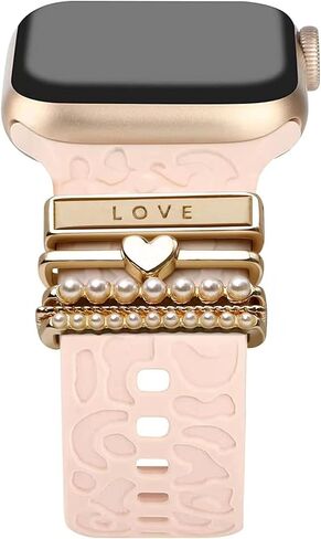 Leopard Engraved Watch Band with Crystal Love Heart Pearls Watch Charms Loop Compatible with Apple Watch Decorative Silicone Watch Straps for iWatch Series 9 8 7 6 5 4 3 2 1 Ultra SE in Kuwait