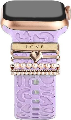 Leopard Engraved Watch Band with Crystal Love Heart Pearls Watch Charms Loop Compatible with Apple Watch Decorative Silicone Watch Straps for iWatch Series 9 8 7 6 5 4 3 2 1 Ultra SE in Kuwait