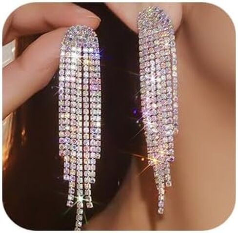 Denifery Rhinestone Crystal Tassel Long Sparkle Dangle Earrings Crystal Chandelier Earrings Wedding Party Dangling Earrings in Kuwait