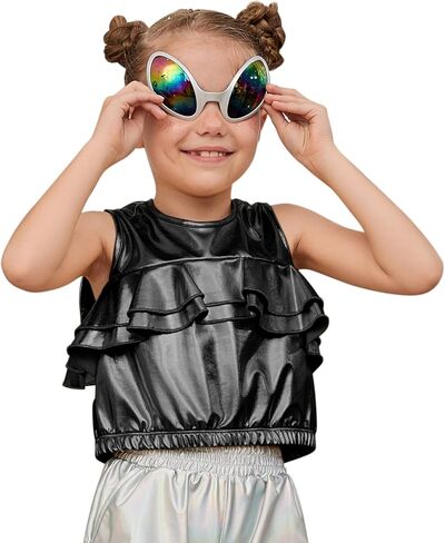 Perfashion Girls Metallic Tank Tops Shiny Ruffle Layered Crop Tops Dance Shirts with Alien Glasses 4-15 Years in Kuwait