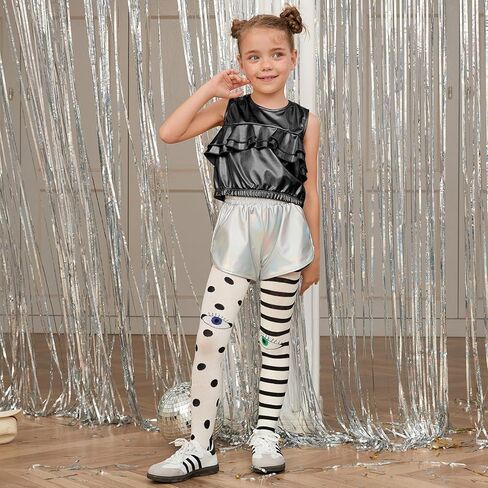 Perfashion Girls Metallic Tank Tops Shiny Ruffle Layered Crop Tops Dance Shirts with Alien Glasses 4-15 Years in Kuwait