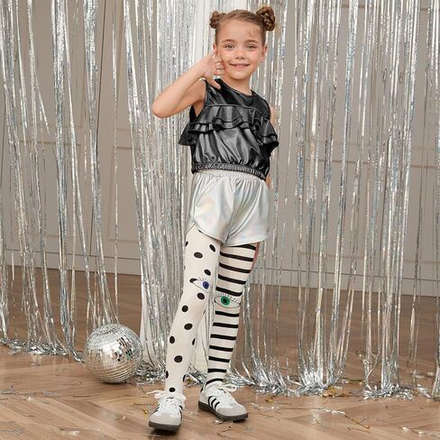 Perfashion Girls Metallic Tank Tops Shiny Ruffle Layered Crop Tops Dance Shirts with Alien Glasses 4-15 Years in Kuwait