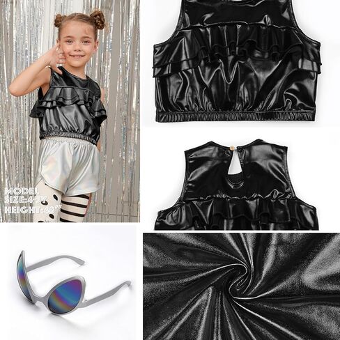 Perfashion Girls Metallic Tank Tops Shiny Ruffle Layered Crop Tops Dance Shirts with Alien Glasses 4-15 Years in Kuwait