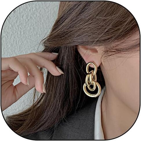 14K Gold Geometry Statement Drop Dangle Earrings for Women, Chunky Personality Link Knot Earrings,Trendy Party Anniversary Jewelry Gifts in Saudi Arabia