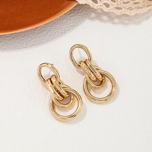 14K Gold Geometry Statement Drop Dangle Earrings for Women, Chunky Personality Link Knot Earrings,Trendy Party Anniversary Jewelry Gifts in Saudi Arabia