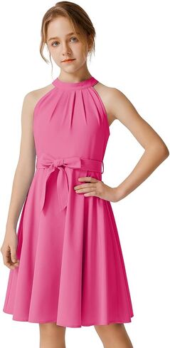 Quedoris Girls Halter Neck Pleated A-line Swing Flared Belted Casual Party Dress with Zipper in Saudi Arabia