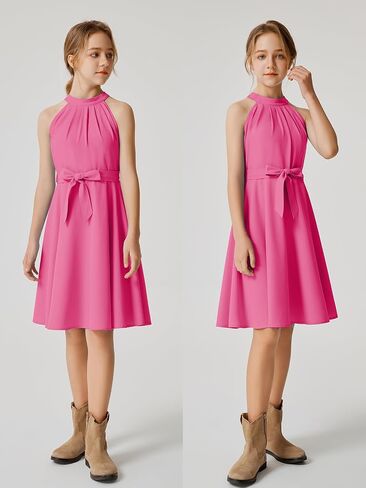 Quedoris Girls Halter Neck Pleated A-line Swing Flared Belted Casual Party Dress with Zipper in Saudi Arabia