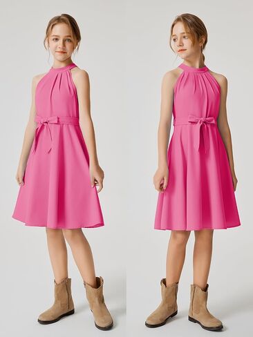 Quedoris Girls Halter Neck Pleated A-line Swing Flared Belted Casual Party Dress with Zipper in Saudi Arabia