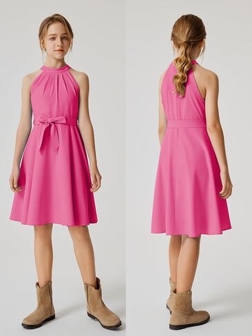Quedoris Girls Halter Neck Pleated A-line Swing Flared Belted Casual Party Dress with Zipper in Saudi Arabia