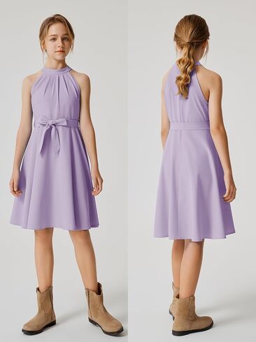 Quedoris Girls Halter Neck Pleated A-line Swing Flared Belted Casual Party Dress with Zipper in Saudi Arabia