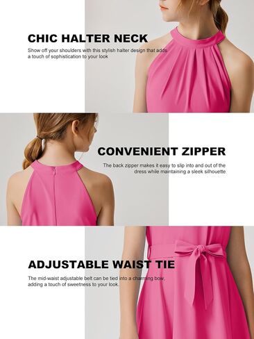 Quedoris Girls Halter Neck Pleated A-line Swing Flared Belted Casual Party Dress with Zipper in Saudi Arabia