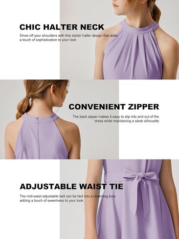 Quedoris Girls Halter Neck Pleated A-line Swing Flared Belted Casual Party Dress with Zipper in Saudi Arabia