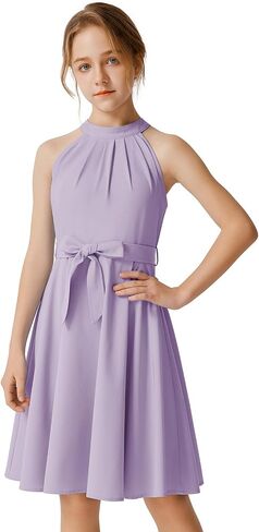 Quedoris Girls Halter Neck Pleated A-line Swing Flared Belted Casual Party Dress with Zipper in Saudi Arabia
