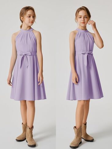 Quedoris Girls Halter Neck Pleated A-line Swing Flared Belted Casual Party Dress with Zipper in Saudi Arabia