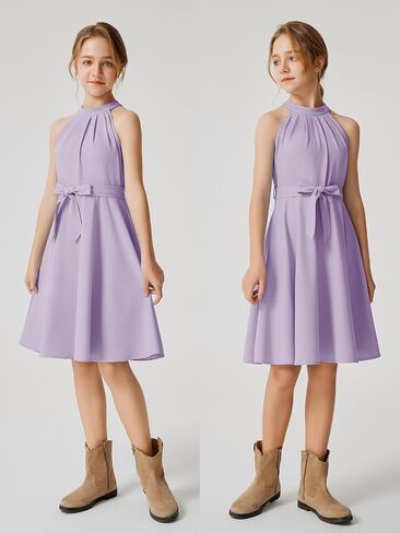 Quedoris Girls Halter Neck Pleated A-line Swing Flared Belted Casual Party Dress with Zipper in Saudi Arabia