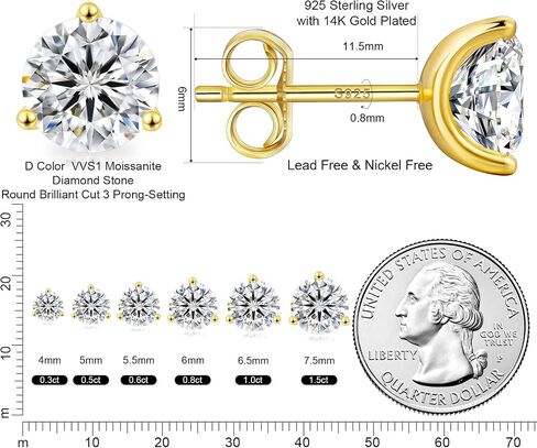 KRKC&CO Moissanite Studs Earrings, Sparkly Lab Created Earrings, S925 Sterling Silver, 3-Prong, 0.6-3CT, D Color, VVS1, 14K White Jewelry Gifts for Women in Kuwait