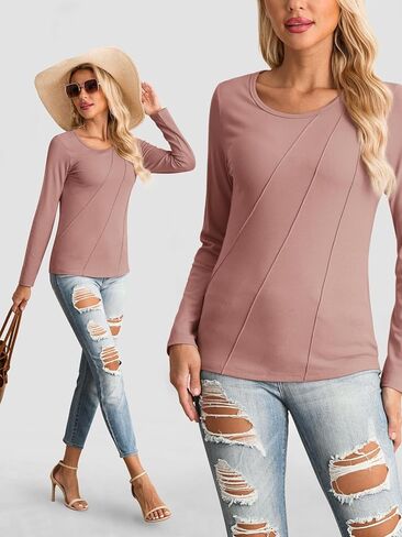 HWOKEFEIYU Women Long Sleeve Shirts Casual Tops Blouses Fashion Pleated Tunic Fall Clothes Crew Neck Slim Fitted 2024 in Kuwait