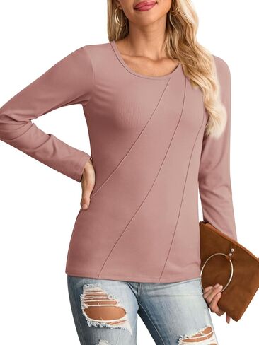 HWOKEFEIYU Women Long Sleeve Shirts Casual Tops Blouses Fashion Pleated Tunic Fall Clothes Crew Neck Slim Fitted 2024 in Kuwait
