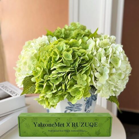 YalzoneMet Hydrangea Artificial Flower Natural Lifelike Real 21 inch Latex Long Stem 2 Light Green+2 Dark Green Hydrangea Flower Bouquets for Home Party Outdoor Wedding Table Centerpiec Decor in Kuwait