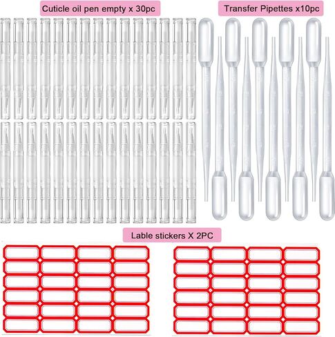 42 PCS Cuticle Oil Pen Empty Kit, 30pcs 3ML Transparent Twist Pen with 10pcs Transfer Pipettes 2pcs Stickers for Cuticle Oil Applicators Lip Gloss Tube Cosmetic Containers Eyelash Growth Liquid Tube in Saudi Arabia