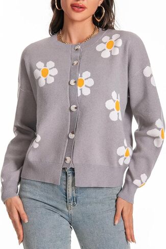 MYCDXE Womens Sweaters,Cardigan Sweaters for Women Floral Pattern Single Breasted Knit Cardigan Sweater in Kuwait