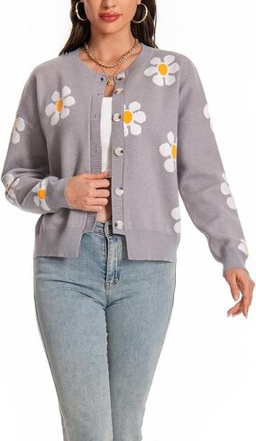 MYCDXE Womens Sweaters,Cardigan Sweaters for Women Floral Pattern Single Breasted Knit Cardigan Sweater in Kuwait