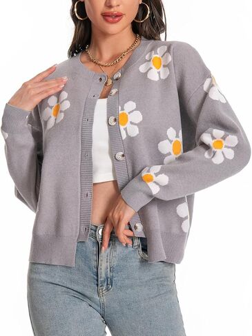 MYCDXE Womens Sweaters,Cardigan Sweaters for Women Floral Pattern Single Breasted Knit Cardigan Sweater in Kuwait