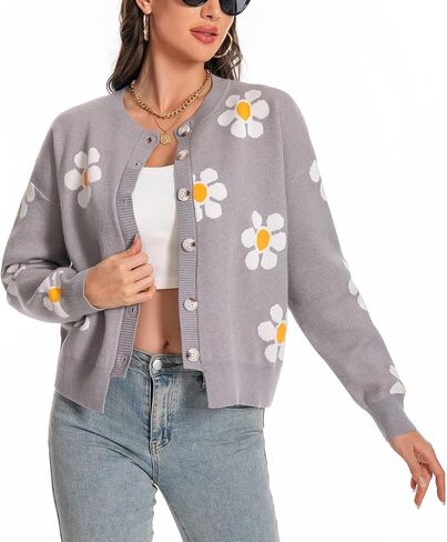 MYCDXE Womens Sweaters,Cardigan Sweaters for Women Floral Pattern Single Breasted Knit Cardigan Sweater in Kuwait