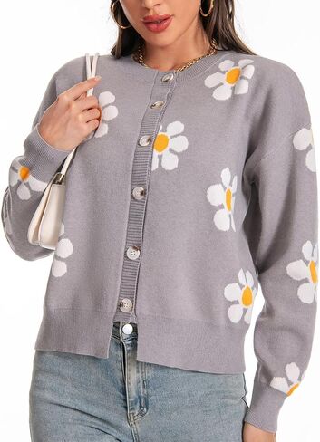 MYCDXE Womens Sweaters,Cardigan Sweaters for Women Floral Pattern Single Breasted Knit Cardigan Sweater in Kuwait