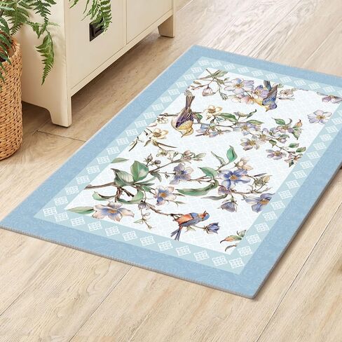 Artoid Mode Blue Flower Bird Tree Spring Area Rug, Summer Bath Rug Home Decor Low-Profile Non-Slip Washable Mat for Entryway Bedroom Bathroom Laundry Room Indoor 2x3 Feet in Saudi Arabia
