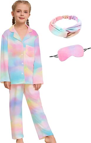 Girl Pajamas Set Long Sleeve kids Button Down Sleepwear with Eye Mask, Hairband in Kuwait