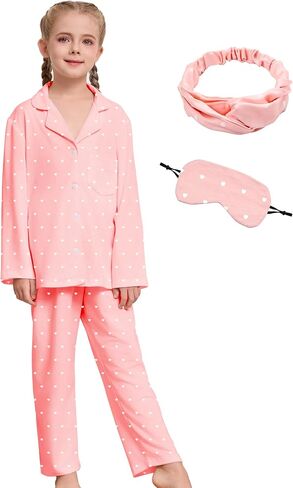 Girl Pajamas Set Long Sleeve kids Button Down Sleepwear with Eye Mask, Hairband in Kuwait