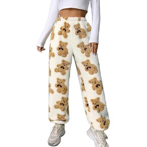 WDIRARA Women's Cartoon Bear Graphic Fuzzy Jogger Pajama Pants Elastic Waist Flannel Trousers