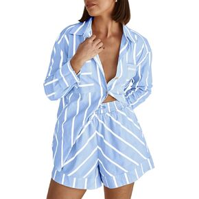 Women's Striped 2 Piece Outfits Casual Button Down Shirts and Shorts Drawstring Pajamas Lounge Matching Sets