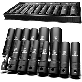 16PCS 1/2 In Drive Thicker Impact Socket Set, High Durability Industrial Grade Deep Metric Sizes Sockets Sets, with L Handle 5 In Extension Bars & Drill Socket Adapter with Premium Organizer