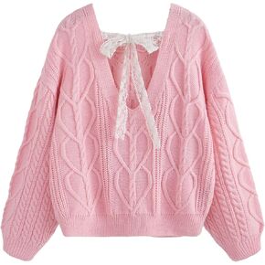 Verdusa Women's Tie Back Cable Knit Sweaters Round Neck Long Sleeve Pullover