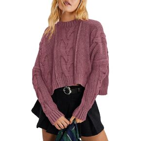 Panadila Womens Cropped Sweater Crew Neck Cable Knit Sweater Ribbed Long Sleeve Top Soft Boxy Pullover (Mauve,M)