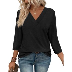 WIHOLL 3/4 Length Sleeve Womens Tops V Neck Casual Tunic Tops Basic Shirts Loose Fit Blouse