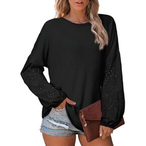 SHEWIN Long Sleeve Shirts for Women Casual Crewneck Waffle Knit Hollow Out Tunic Tops Loose Fit
