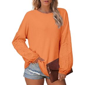 SHEWIN Long Sleeve Shirts for Women Casual Crewneck Waffle Knit Hollow Out Tunic Tops Loose Fit in Kuwait
