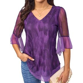 Women's Floral Blouses Double Layers Mesh Fancy Tunic Tops for Women Dressy 3/4 Ruffle Bell Sleeve Stretchy V-Neck Shirts