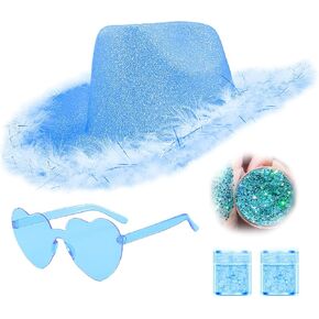 Glitter Cowgirl Hat with Heart Sunglasses Body Glitter Face Glitter Cowboy Hat for Women Men Music Festival Party in Saudi Arabia